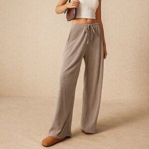 Khaki Casual Women's Tie Waist Pockets Wide Leg Loose Versatile Pants